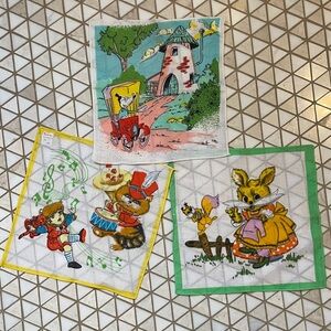 Set of 3 Vintage Children’s Handkerchiefs 1950s Illustrated
